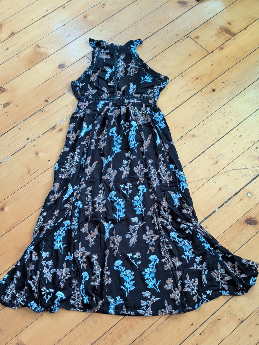 Angie Black Floral Maxi Dress with Blue and Taupe Prints, Backless, Halter